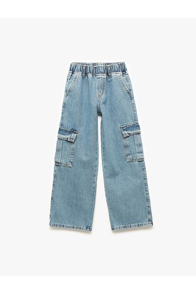 Koton Pantaloni cargo din denim cu picioare largi, cu buzunar din bumbac