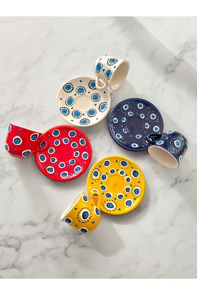 Artistic Quality Decorative 4-Person Stylish Evil Eye Bead Design Fully Handmade Coffee Cup Set
