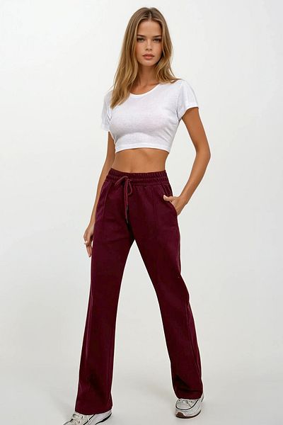 VAGGON Women's Burgundy High Waist Front Weeded Wide Leg Double Pocket Sweatpants Prmx7957