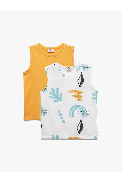 Koton Cotton Printed Crew Neck Sleeveless 2-Piece Undershirt Set