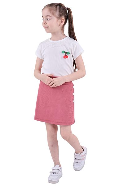 ERDEM KIDS Girl's T-Shirt Collar Lace Cherry and Button Detailed Shorts Skirt Blouse Summer Double Set
