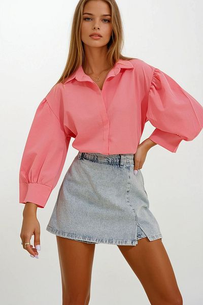 VAGGON Women's Pink Balloon Sleeve Hidden Placket Basic Poplin Shirt Prmx9654
