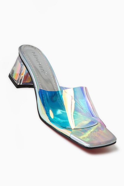 Limoya Persa Silver Transparent Banded Transparent Heeled Women's Slippers
