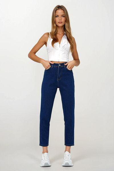 VAGGON Women's Navy Blue Regular Waist Narrow Leg Washed Mom Jean Prmx13406