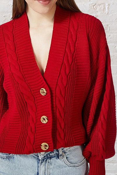 AQE FASHION Tricotaj casual pentru femei cu mâneci balon împletite Cardigan roșu