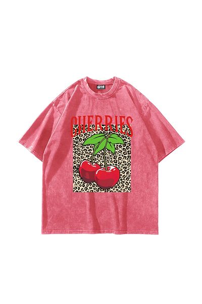 Sekizbiraltı Cherries Leopard Printed Oversize Unisex Πλενόμενο ροζ μπλουζάκι