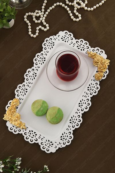AKSESUAR EVRENİ Luce White Lace Edged Carved Detailed Rectangular Decorative Presentation Tray