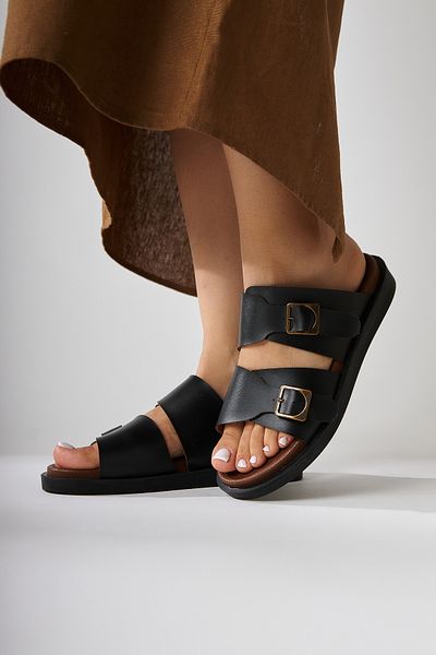 Limoya Soha Black Double Striped Flat Sole Women's Slippers