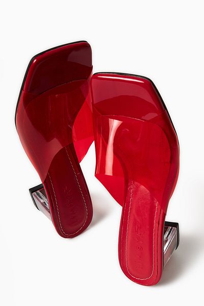 Limoya Persa Red Transparent Banded Transparent Heeled Women's Slippers