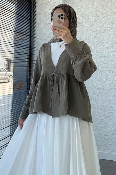 MELEK ARAZ Robadan Tie-Up Muslin Kimono – Khaki