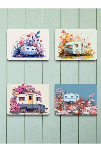 lili hediyelik Caravan and Flower Printed Mousepad Set of 4 Mouse Pads 17X21 cm