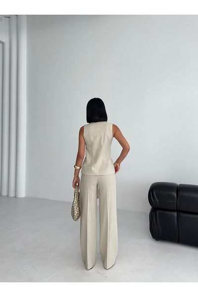 OUZ Fashion Women's Linen Asymmetrical Vest Pants Double Suit