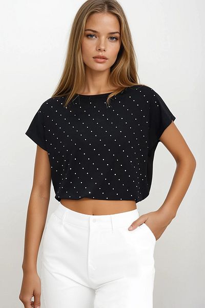 VAGGON Women's Black Crew Neck Stone Embroidered Zero Sleeve T-Shirt Prmx13541