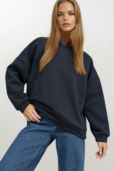 VAGGON Women's Navy Blue Hooded Oversize Thick Basen Size 3 Thread Raised Sweatshirt Vgn-531-025