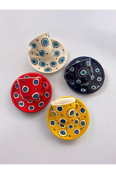Artistic Quality Decorative 4-Person Stylish Evil Eye Bead Design Fully Handmade Coffee Cup Set
