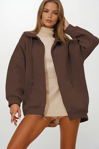 VAGGON Women's Brown Hooded Kangaroo Pocket Zippered Hooded Sweatshirt Prmx10800