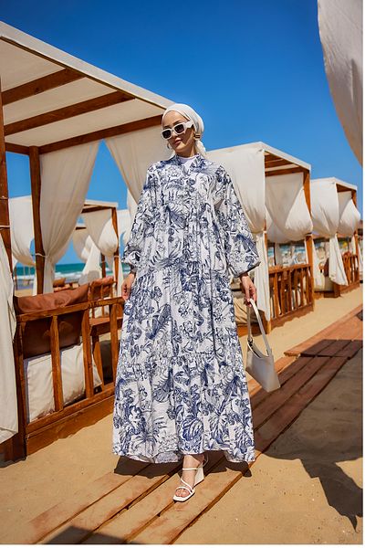 LOCCO Rochie de damă cu model de frunze albastră