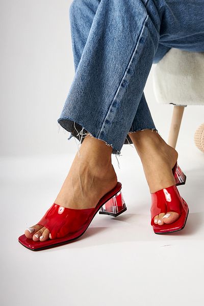Limoya Persa Red Transparent Banded Transparent Heeled Women's Slippers