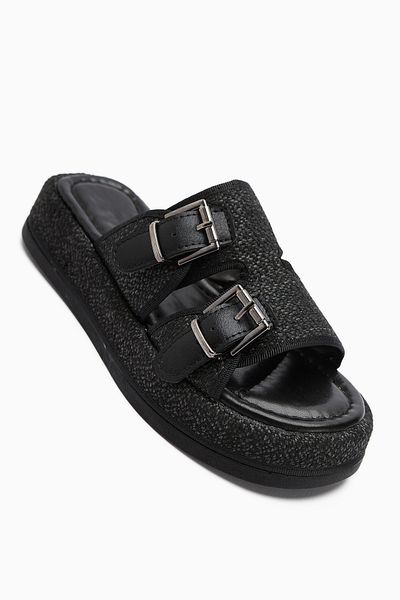 Limoya Madina Black Double Striped Belted Women's Slippers