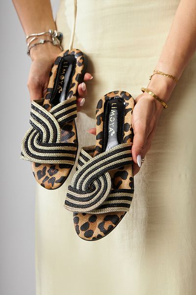 Limoya Nihaal Gold Leopard Cross Strap Flat Sole Women's Slippers