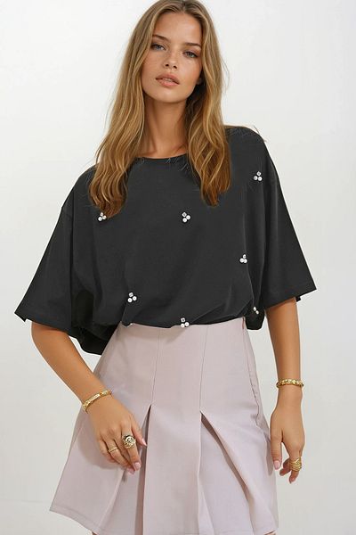 VAGGON Women's Anthracite Crew Neck Oversize Pearl and Stone Embroidered T-Shirt Prmx11964