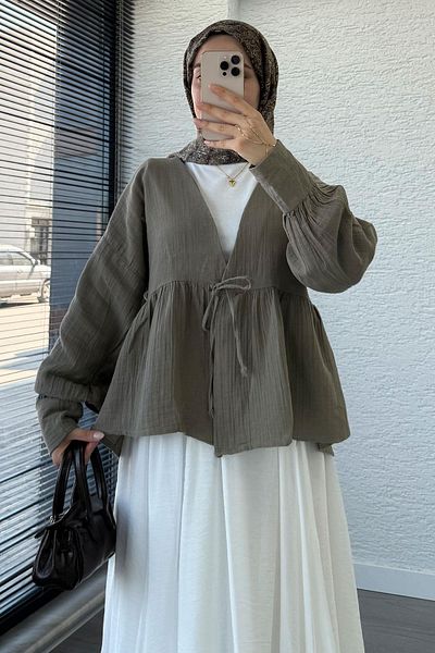 MELEK ARAZ Robadan Tie-Up Muslin Kimono – Khaki