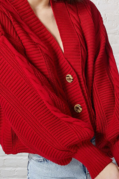 AQE FASHION Women's Braided Balloon Sleeve Loose Knitwear Red Cardigan