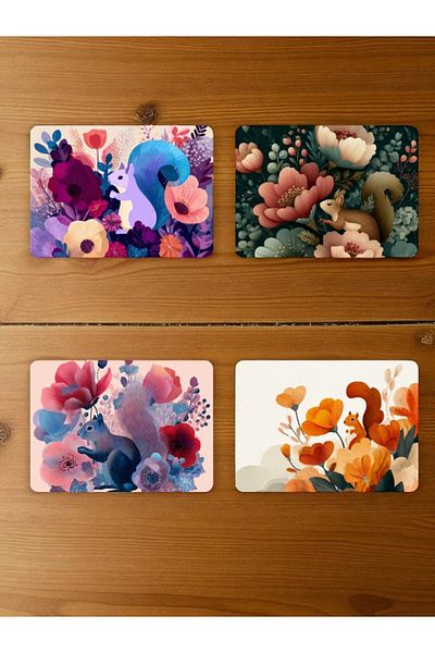 lili hediyelik Squirrel and Flower Printed Mousepad Set of 4 Mouse Pads 17X21 cm