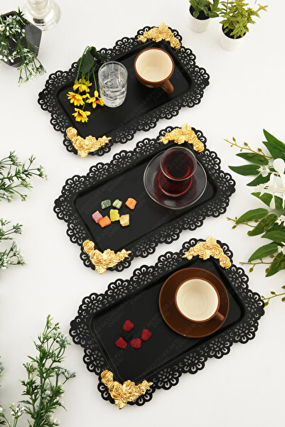 AKSESUAR EVRENİ LUCE Siyah Dantel Kenarlı Oyma Detaylı Dikdörtgen 3'lü Dekora...