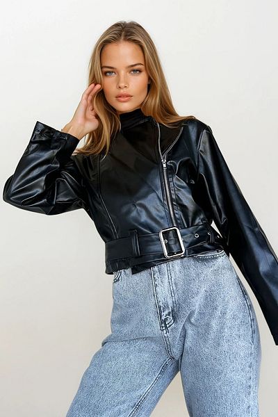VAGGON Women's Black Belted Zippered Faux Leather Biker Jacket Prmx10930