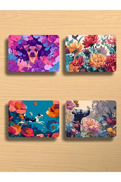 lili hediyelik Dog and Flower Printed Mousepad Set of 4 Mouse Pads 17X21 cm