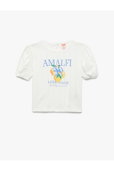 Koton Lemon Printed Cotton Crew Neck Balloon Sleeve T-Shirt