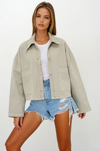VAGGON Women's Beige Pocket Sheepskin Stitched Crop Jean Jacket Prmx13562