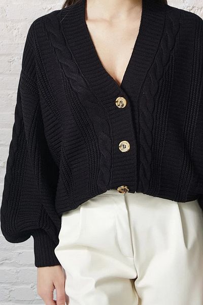 AQE FASHION Tricotaj casual pentru femei cu mâneci balon împletite Cardigan negru