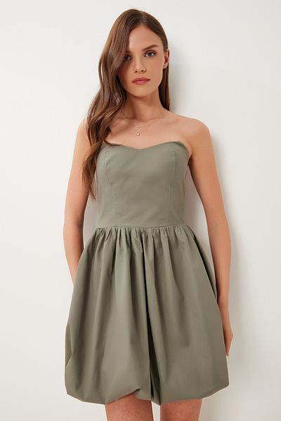 Lovelyİstanbul Super Mini Woven Balloon Dress Khaki Lfn0100