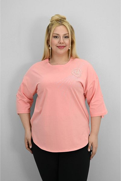 Koza Butik Women's Plus Size Short Sleeve Stone and Pearl Print Detailed Oversize T-Shirt 1925-25