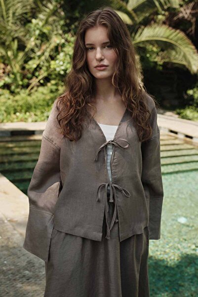 Hooopstore 100% λινό διακοσμημένο με κορδόνια σε γκρι κιμονό