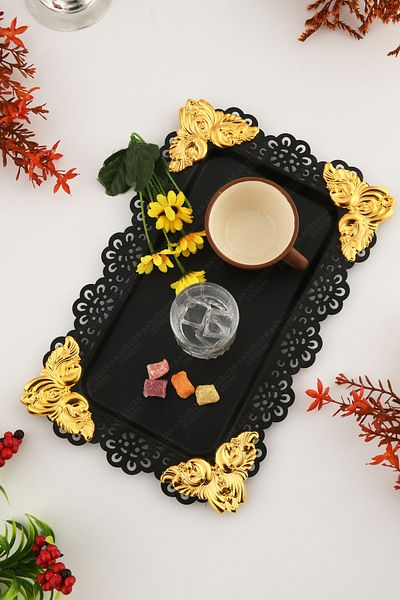 AKSESUAR EVRENİ Oro Black Lace Edged Carved Detailed Rectangular Decorative Presentation Tray
