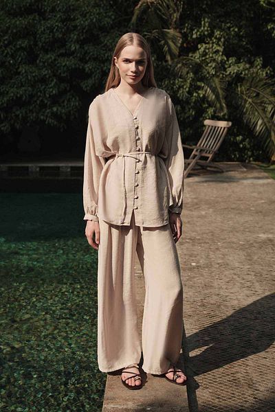 Hooopstore Modal Birit Button Detailed Beige Trousers Suit