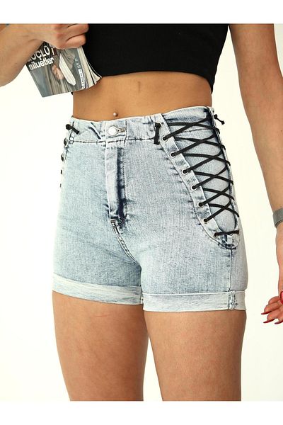XBELLA DENİM Mini pantaloni scurți de damă cu talie înaltă, cu ochi de pasăre și detaliu de șireturi