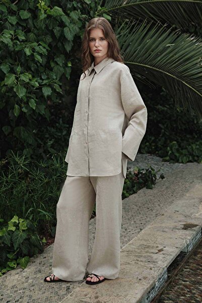 Hooopstore Πουκάμισο από 100% λινό με λεπτομέρεια από πέτρα