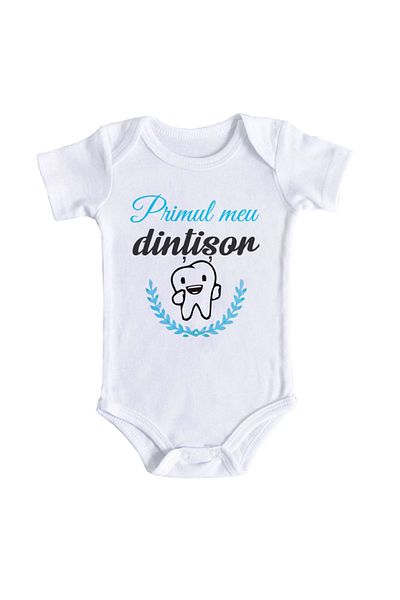 OEM Body bebe cu mesaj, Primul meu dintisor, 12-18 luni, maneca scurta, bonisa creativ, alb, 100% bumbac
