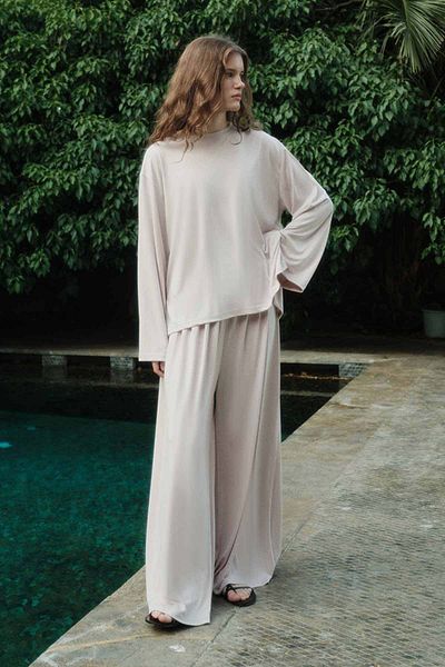 Hooopstore Modal Containing Relaxed Cut Beige Trousers Suit