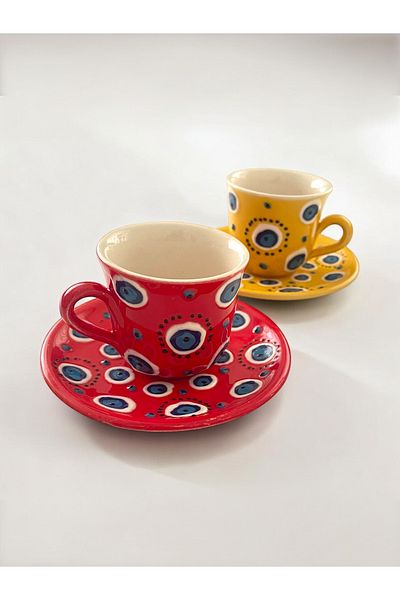 Artistic Quality Decorative 2-Person Stylish Evil Eye Bead Design Fully Handmade Coffee Cup Set
