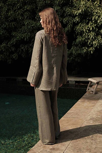 Hooopstore 100% Linen Cut Detailed Flowing Sage Shirt