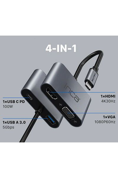 Inca Itpc-06T 15cm Type-C=>Hdmi+Vga+Usb Hub