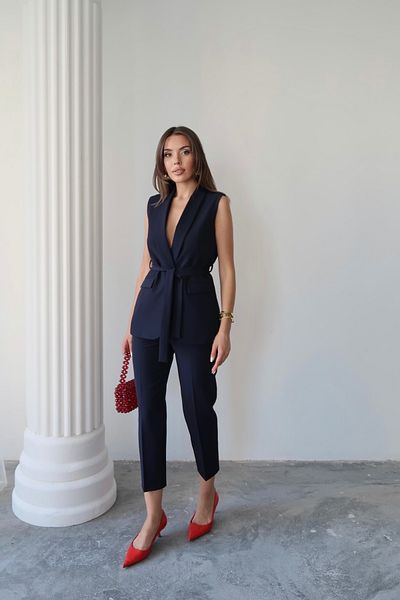 Swass Violet Belted Vest and High Waist Navy Blue Trousers Set
