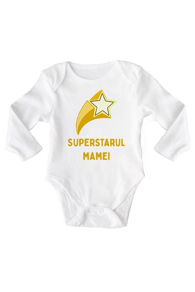 OEM Body bebe cu mesaj, superstarul mamei, 6 -12 luni, maneca lunga, bonisa creativ, alb, 100% bumbac