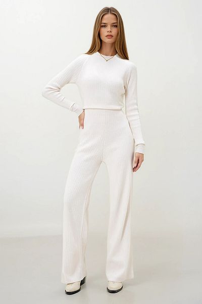 VAGGON Women's Ecru Crew Neck Knitwear Crop Blouse and Palazzo Pants Set Prmx12995