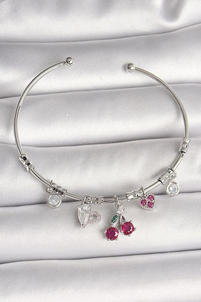 REBORN DESIGN Brass Silver Color Red Zircon Stone Cherry Heart Figure Charm Women Bracelet